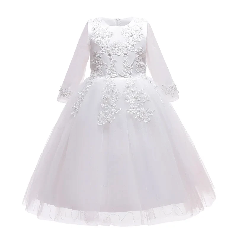 EllAIYOUHUO-Robe en tulle brodée à manches longues pour enfants, robe princesse pour filles, robe longue de rinçage pour fête et mariage, 12 ans,