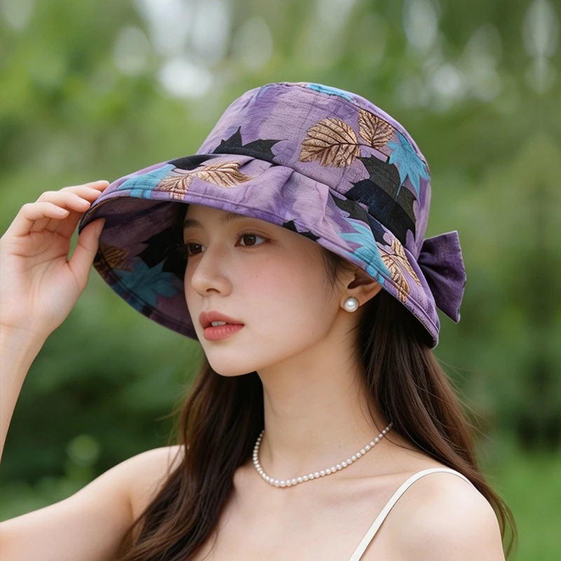 Spring Summer Outdoor Sun Protection Hats Lady Fashion Bow Fishermen Hats Wide Brim Light Thin Bucket Cap Outdoor UV Protection