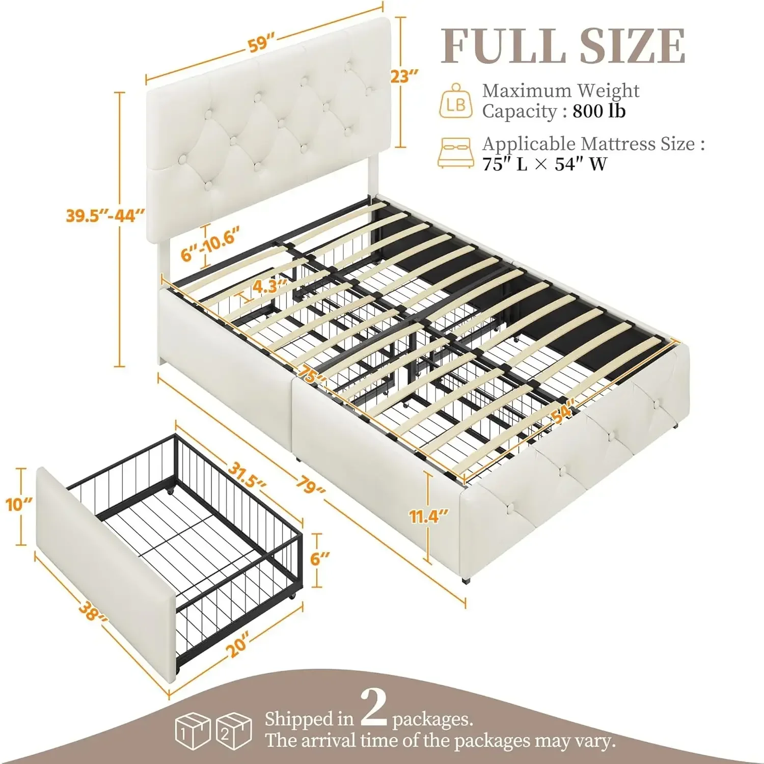 Full Upholstered Bed Frame with 4 Storage Drawers and Adjustable Headboard, Faux Leather Platform Bed Frame, Beige