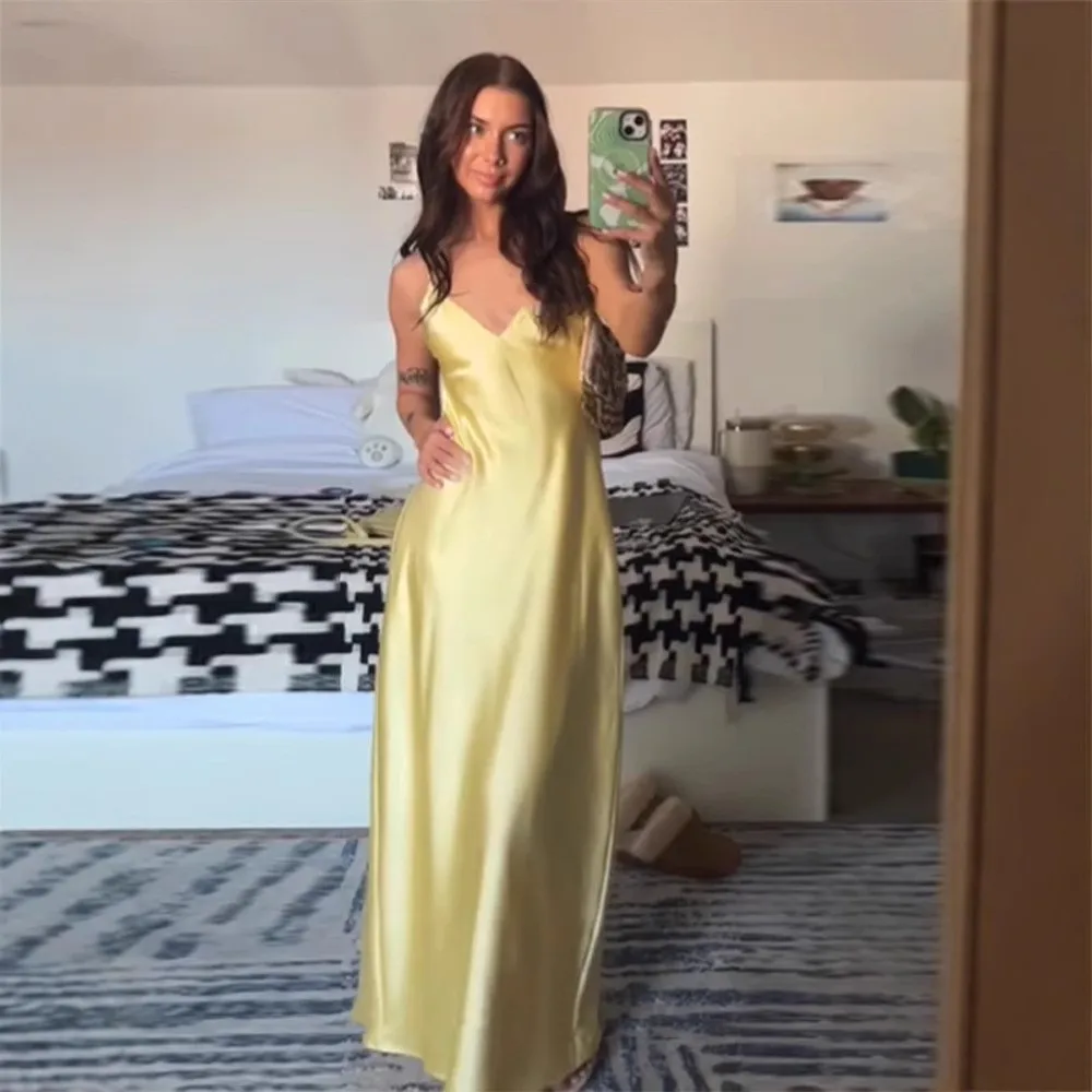 

Yellow Satin Dress Summer New Women's Sleeveless Adjustable Shoulder Straps Sexy V-neck Backless Long Dress Платье Женское