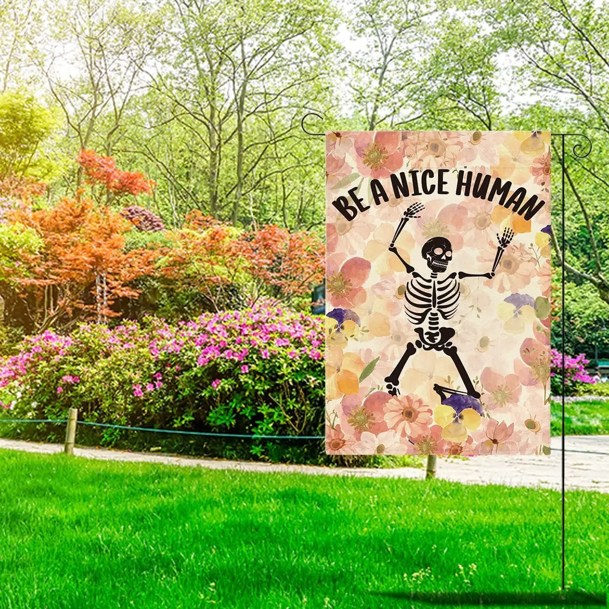 Be A Nice Human Funny Skeleton Garden Flag for Outside Farmhouse Home Holiday Outside Outdoor Lawn Porch Yard Flag 12x18 Inc llp