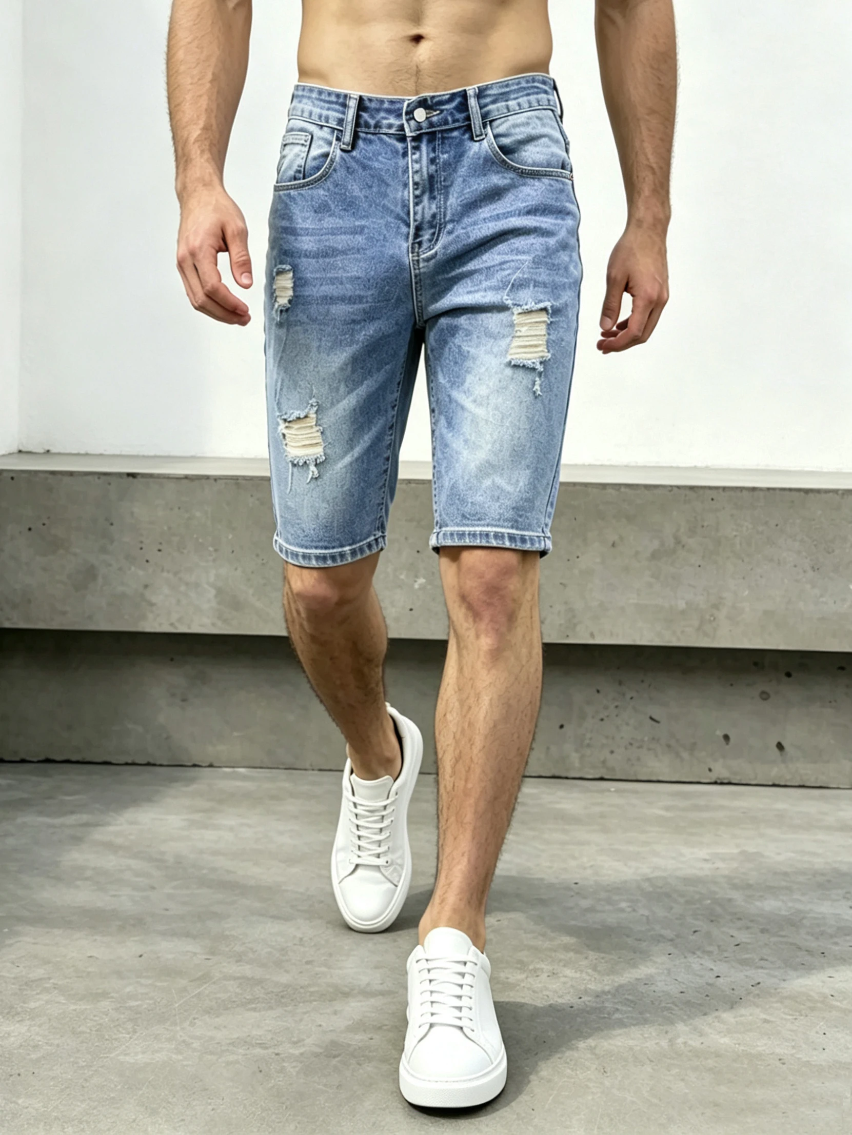 

Men Pants Jeans Clothing Denim Trousers Shorts Men's Light Wash Ripped Knee-Length Casual Denim Shorts