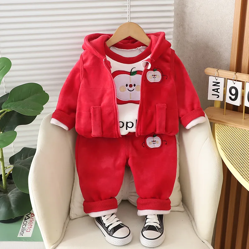 Children's Set Autumn/Winter Boys' Girls' Apple Cartoon Double Sided Velvet Hoodie Set Infants Young Children Warm 3-Piece Set
