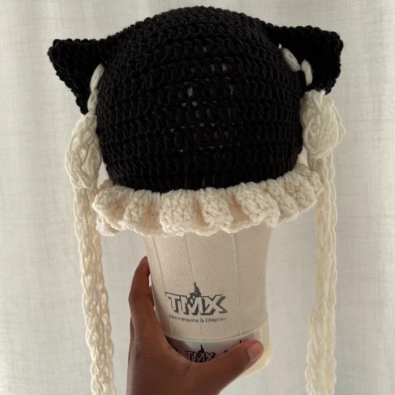 Cross-border sales y2k girls cat ears hat Handmade crocheted New Winter warmer Cute Funny bow Decoration outdoor windproof hat