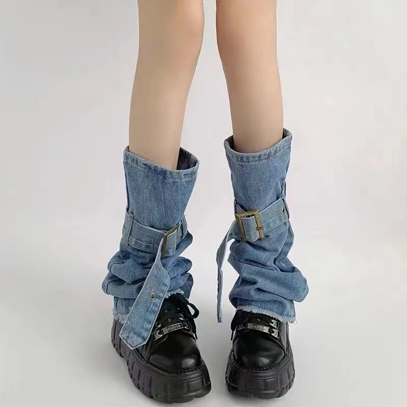 

Women Gaiter Belted Denim Leg Warmers Vintage Bandage Boots Cover Long Socks Japanese Style Streetwear Long Socks