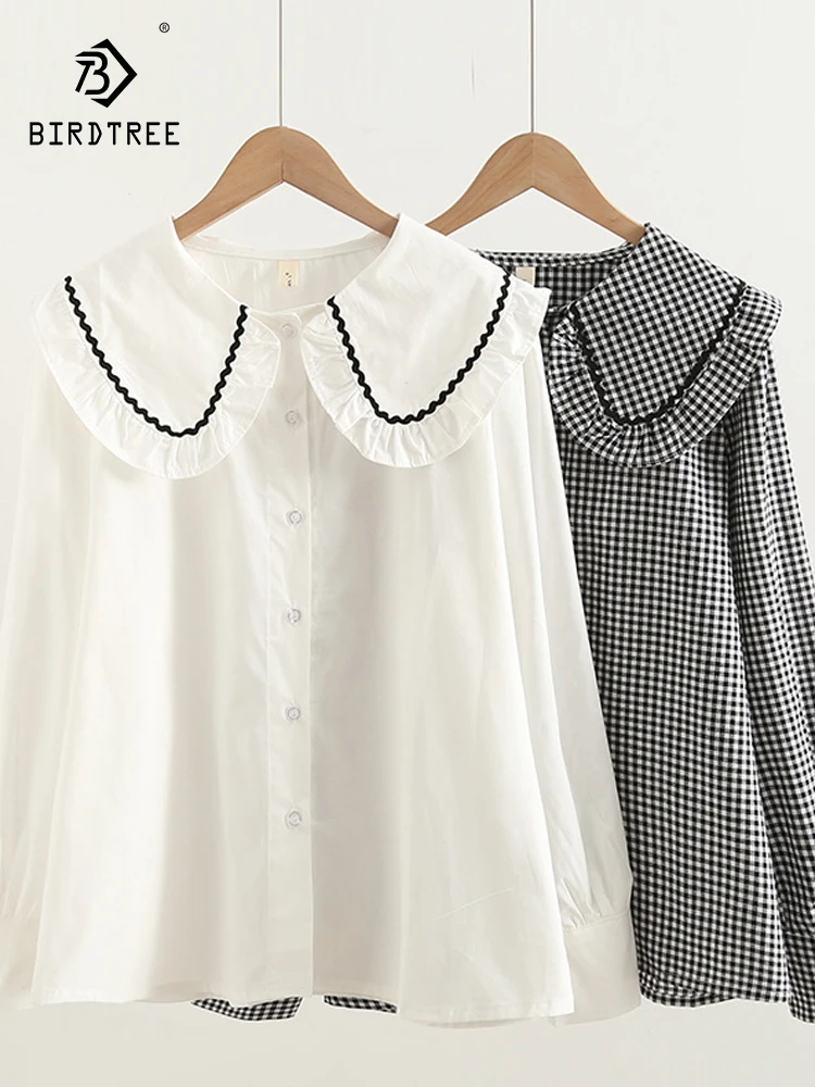 

Новая женская хлопковая рубашка с длинным рукавом на весну 2026 года, с воротником Питер Пэн, в клетку, в японском стиле Мори, повседневная свободная блузка-кукла T62492CC