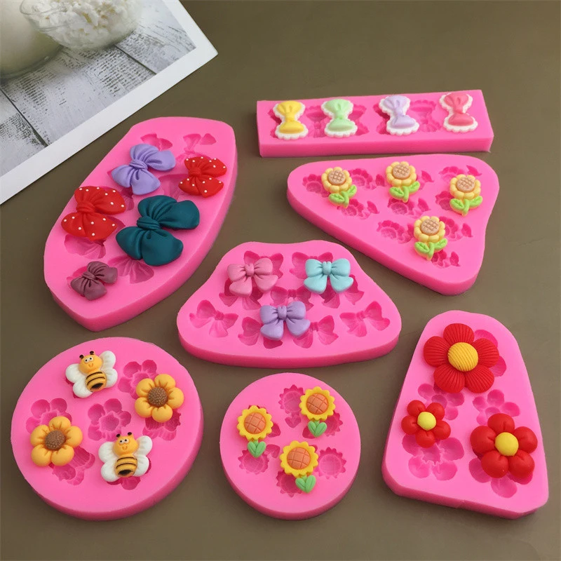 Cute Cartoon Flowers Bow Bee Fondant Silicone Molds DIY Cupcake Fondant Cake Decorating Chocolate Candy Baking Mold