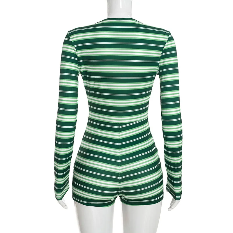 JENYAGE Damen Gestreifter Gerippter Romper mit Tiefem V-Ausschnitt, Langen Ärmeln, Figurbetonter Kurzer Overall, Sexy Club-Outfit, Brauner Streifen, Einteiliger Playsuit – Detail 12