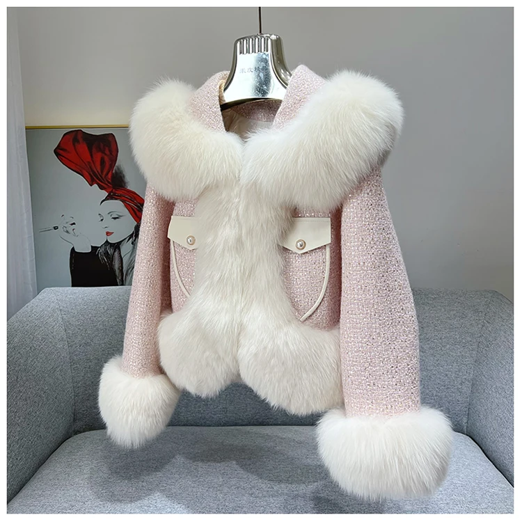 ZDFURS*2023 Winter New Haining Wool Woolen Overcoat Women's Short down Jacket Fox Fur Collar Warm Young Coat