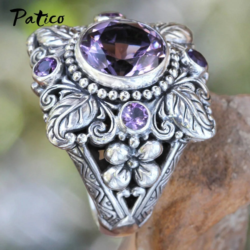 Big Genuine 925 Sterling Silver Stone Wide Band Rings For Women Flowers Punk Style Rhinestone Party Lovers Birthday Gift