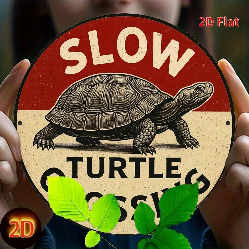 1pc Vintage Slow Turtle Crossing Sign - Round Metal Turtle Crossing Road Warning Decoration, Red & Beige Retro Wall Art, 2D Flat