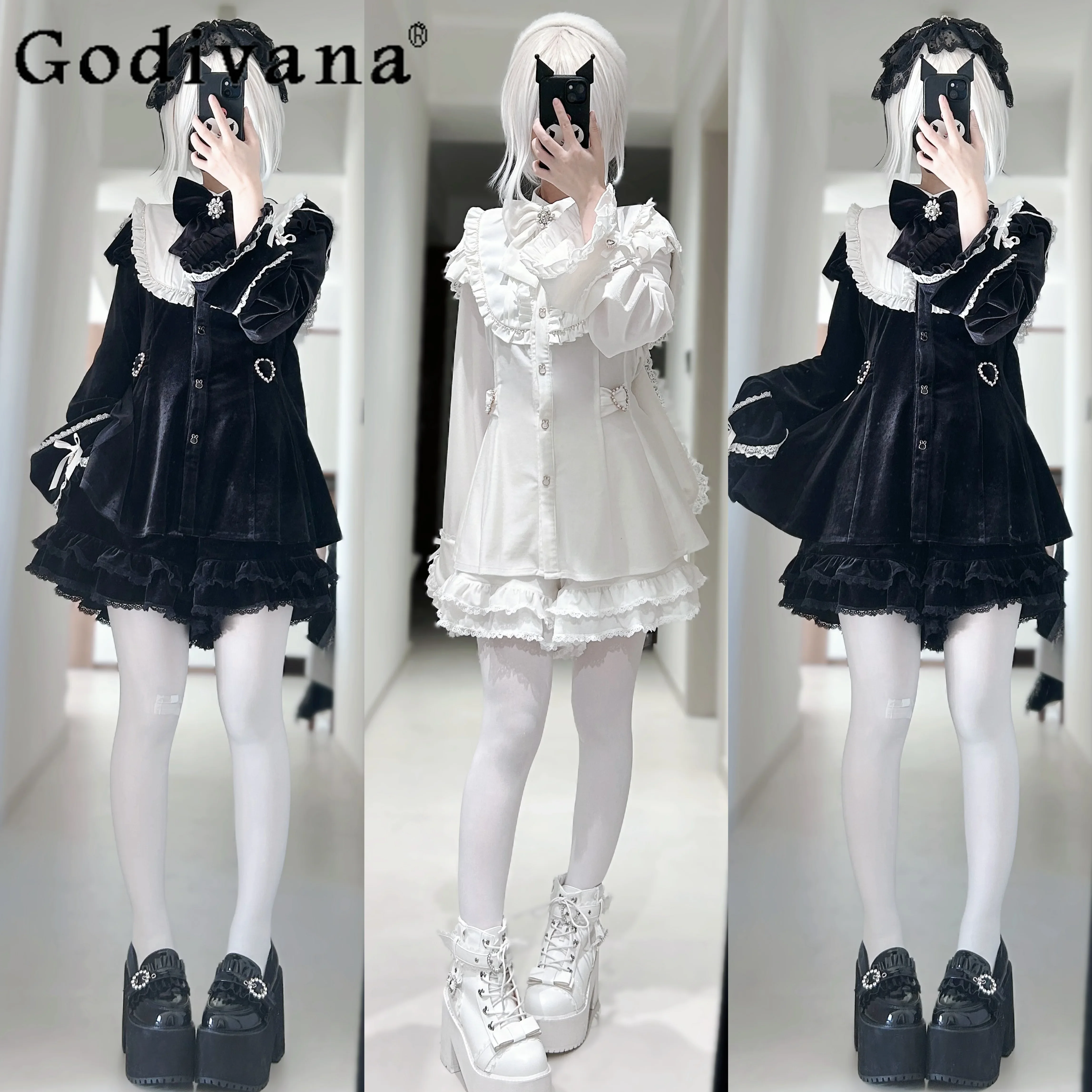 

Women's Lolita Outfits Women's Mine Series Mass Production Japanese Slim-Fit Long Sleeve Velvet Dress and Shorts Two-piece Set