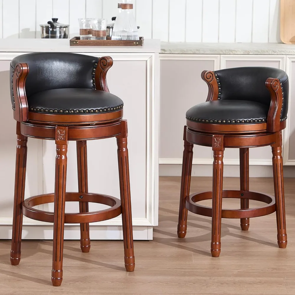 مقاعد جلدية دوارة مع مسند للقدمين: جلد أسود محبب بالكامل وقاعدة خشبية للمطبخ وتناول الطعام وغرفة المعيشة #6