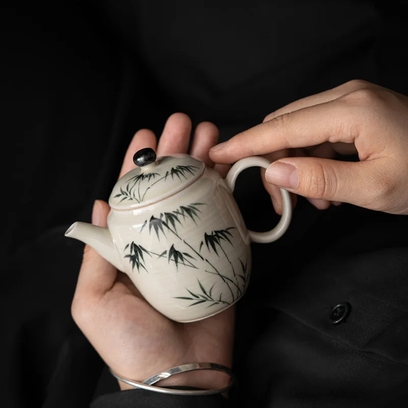 Pure Hand Drawing An Ink Painting of Bamboo Wenting Pot Porcelain Ball Hole Filter Little Teapot Single Tea Maker Tea Kettle