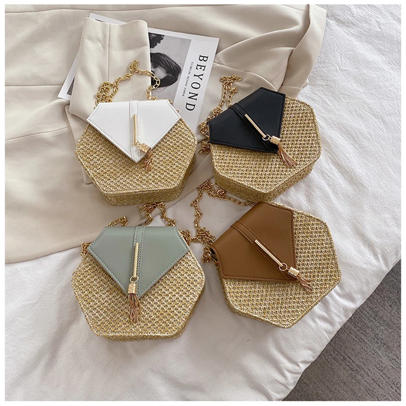 

Hexagon Shape Straw PU Leather Handbag Women Summer Rattan Bag Handmade Woven Beach Chain Strap Shoulder Crossbody Bags