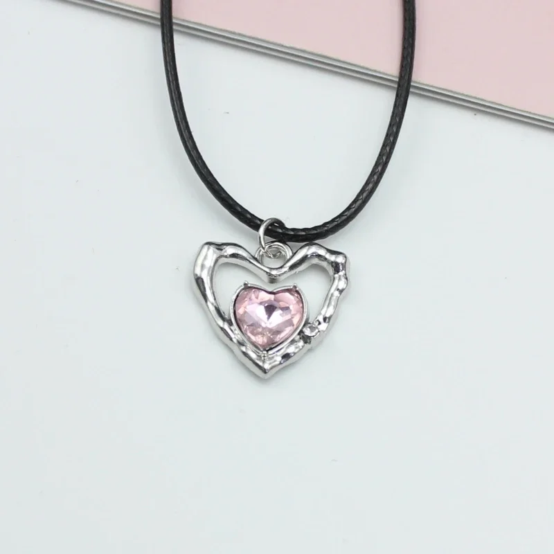 Pink Crystal Hollow Heart Pendant Necklace 45+5cm PU Leather Wax Line Clavicle Collar Fashion Jewelry Gift Accessory Wholesale