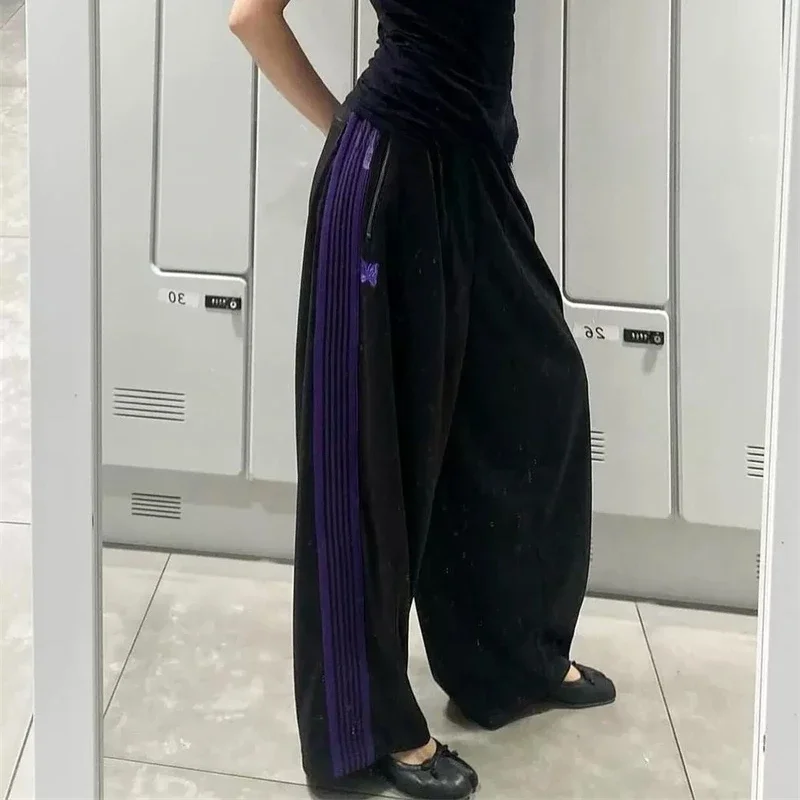 

25ss Butterfly Embroidery AWGE Purple Striped Wide Leg Pants 1:1 Oversize Casual Nee dles Black Pants With Tags