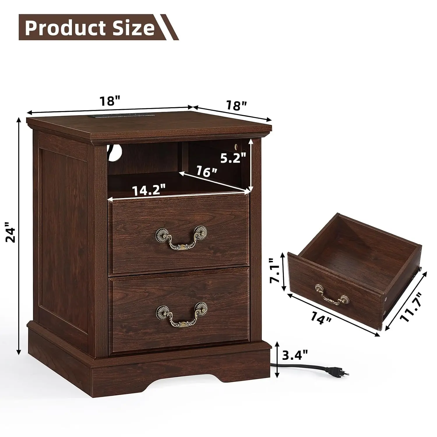 Farmhouse Nightstand Charging Station Walnut 2 Drawer End Table Bedroom Rustic Handle Floor Stand Foot Open Shelf, Customized
