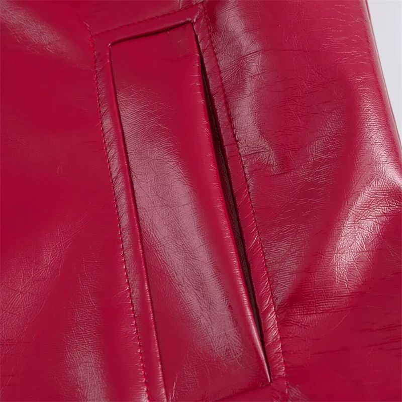 KEYANKETIAN hiver nouvelle veste en cuir artificiel rouge pour femme style Simple col rabattu simple boutonnage ample haut court Blazer