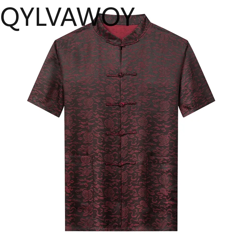 QYLVAWOY Men's Shirts Mulberry Silk Shirt for Man Summer Top Short Sleeve Man Shirts Tang Suit Menswear Clothing Chinese Style