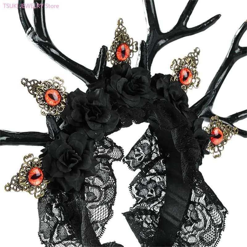 62KE شيطاني العين الغزلان قرون خوذة زي اكسسوارات للشعر عصائب للبالغين والأطفال هالوين زي الملحقات