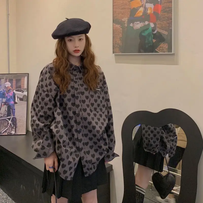 

Retro American Long Sleeve Shirt Women's Loose Lazy Style Design Heart Pattern Casual Fashion Spring Autumn New Arrival