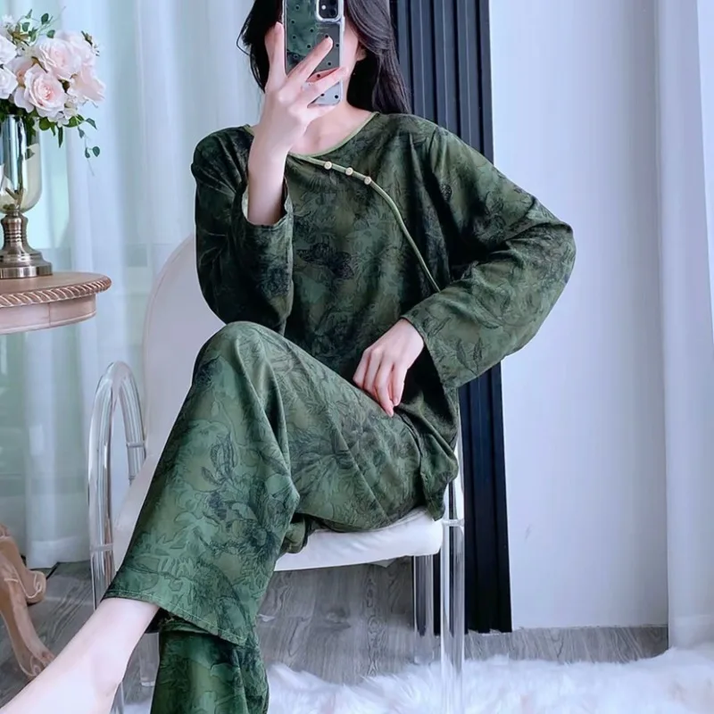2026 New Chinese Cotton and Silk Long-sleeved Pajamas Women's Spring and Summer Thin Loose Loungewear Can Be Worn Outside Sets