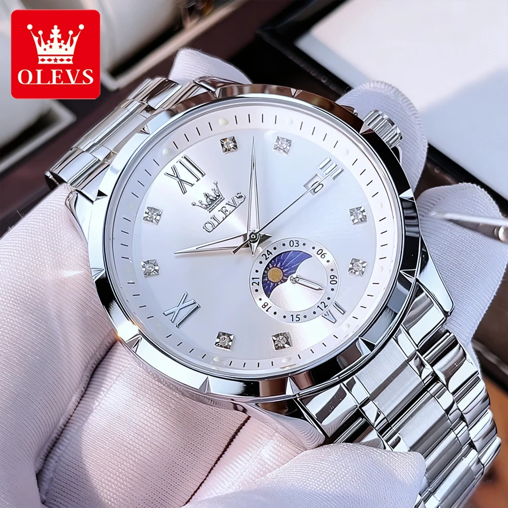 OLEVS ساعات رجال الأعمال عادية مقاوم للماء الفولاذ المقاوم للصدأ العلامة التجارية الأعلى الأصلي كوارتز ساعة اليد مرحلة القمر مضيئة 2956 جديد