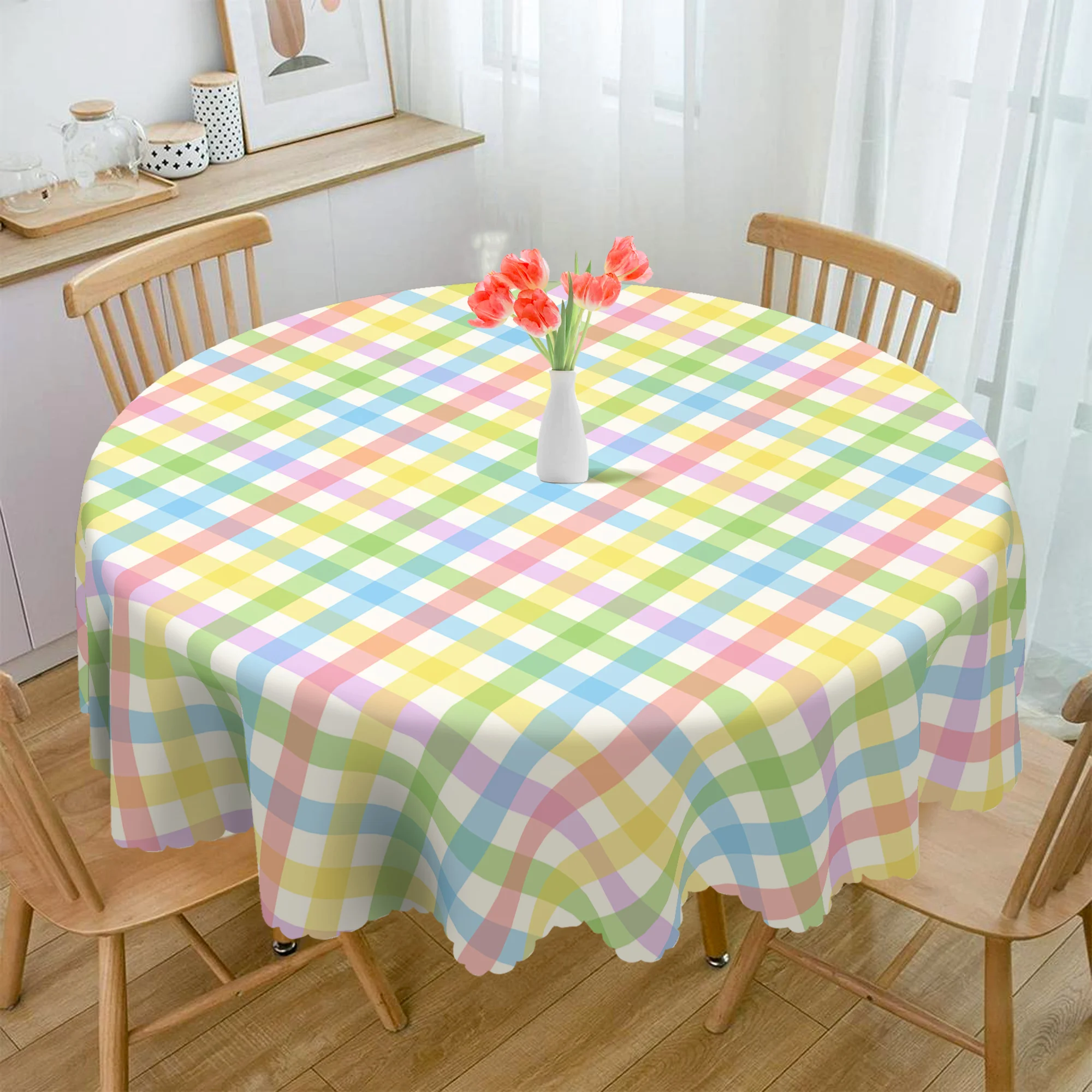 One round colored pastel check tablecloth - durable polyester woven edges, suitable for spring and summer decorationzyc