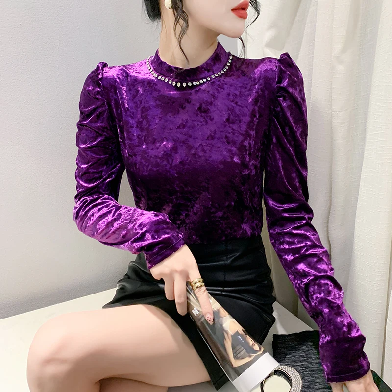 2023 New Fall Winter European Velvet Vintage T-Shirt Sexy Shiny Diamonds Women Tops Long Sleeve Pullover Drill Hot Tees 30082