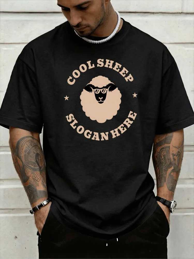 Mens Streetwear Short Sleeve Tee Cool Sunglasses Sheep Circle Star Graphic Royal Blue Loose Soft Cotton Summer Daily Casual Top