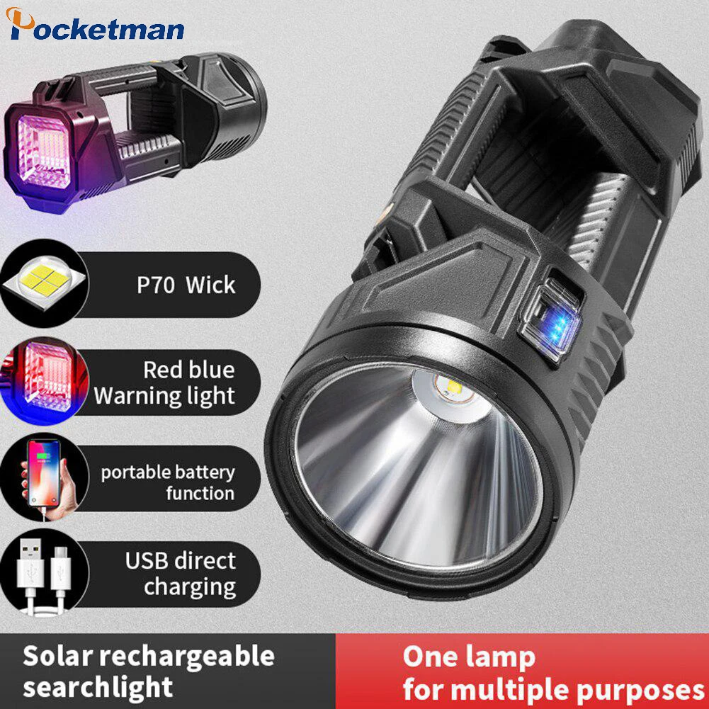 LED Flashlight USB/Solar Rechargeable Spotlight Fishing Camping Lantern Tail Double-headed Lighting Searchlight Waterproof Torch