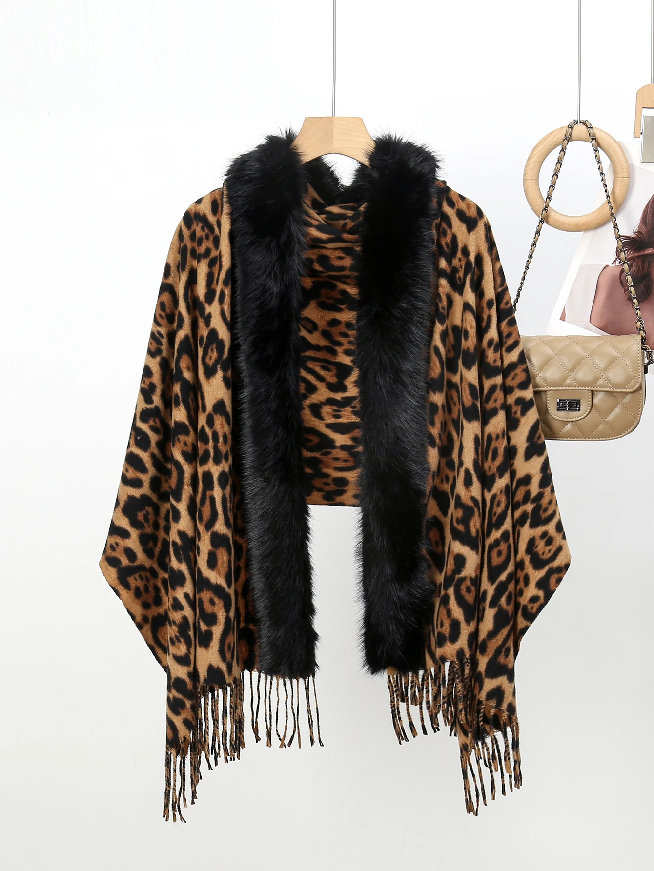 New fashionable imitation cashmere leopard print fur collar shawl, casual, soft and warm women\'s tassel scarf shawl