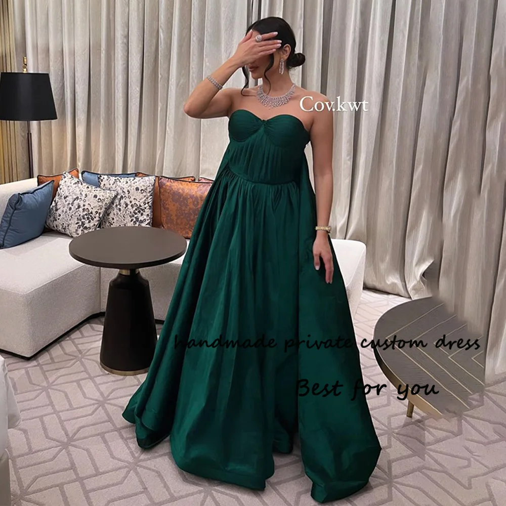 

Green Satin A Line Evening Dresses Pleats Sweetheart Long Dubai Arabia Formal Prom Dress with Train Party Gowns