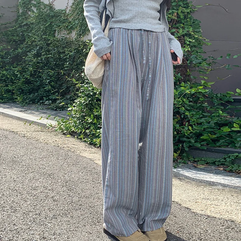 

100% Cotton Striped Wide-Legs Pants Women Trousers 2024 Casual Loose Lace-up Long Blue Cotton Pants Autumn Clothes Streetwear