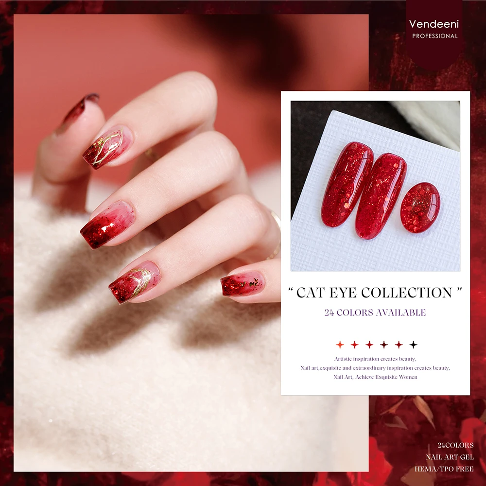 Vendeeni 24 Farben Rotes Gel-Nagellack-Set UV LED Reine Farbe Glitzer Pailletten Gel Magnetisches Katzenaugen-Gel mit Display – Detail 4