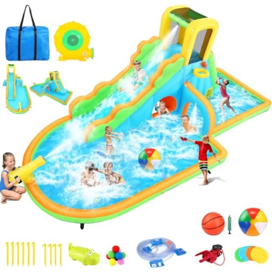 

Надувная водная горка Large Wave Rider с бассейном, стена для лазания, водяная пушка-бассейн, душевая лейка для двора, 3-12 лет, синяя