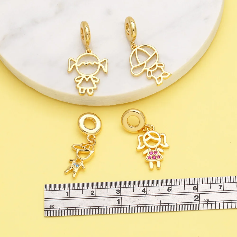 OCESRIO Crystal Big Girl Boy Pendant for Necklaces Bracelet Copper Gold Plated Hollow Figure Jewelry Making Component pdtb489