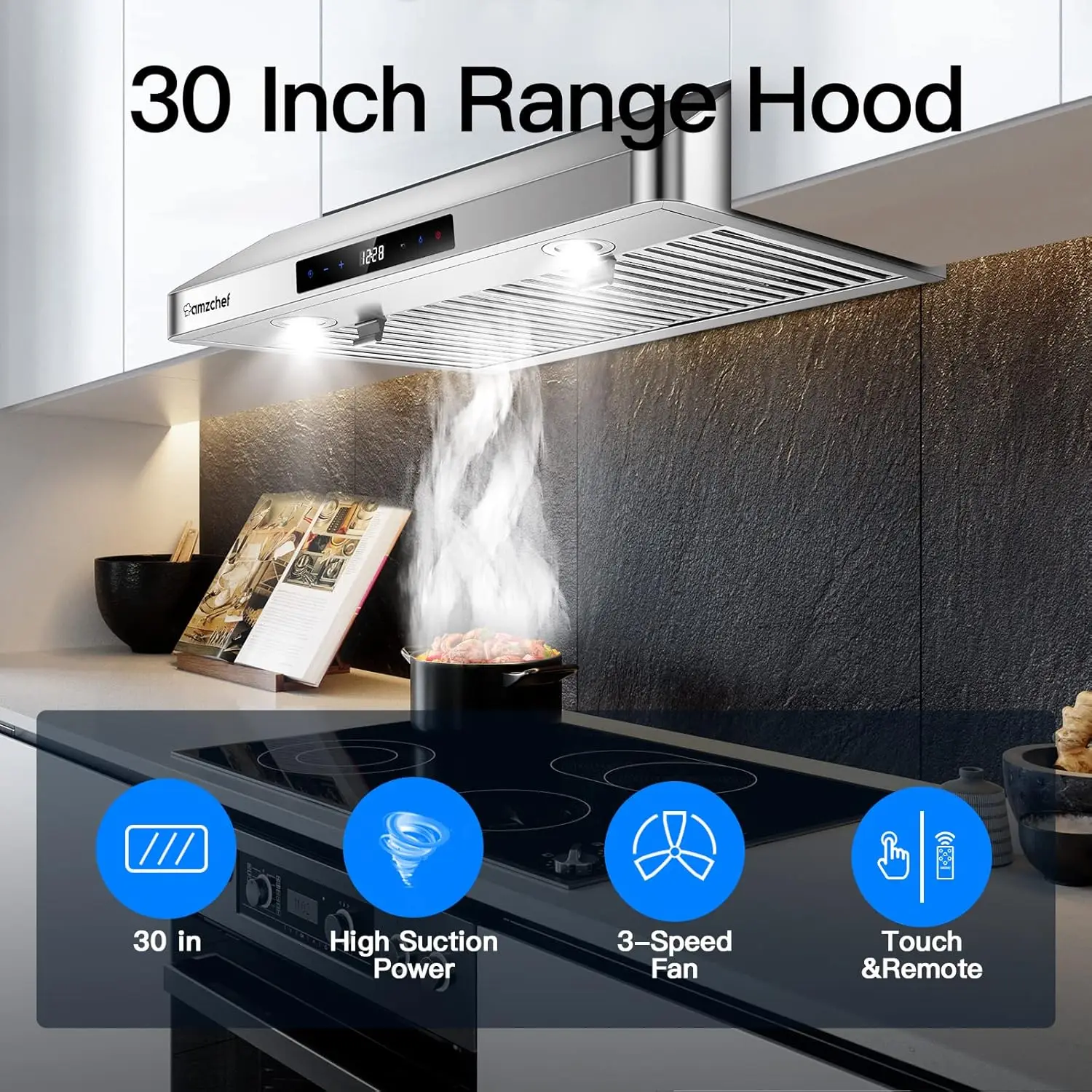 Cabinet Range Hood 30 Inch, 700CFM Stainless Steel Kitchen Stove Vent Hood 3 Speed Exhaust Fan Touch/Remote Control LED lights