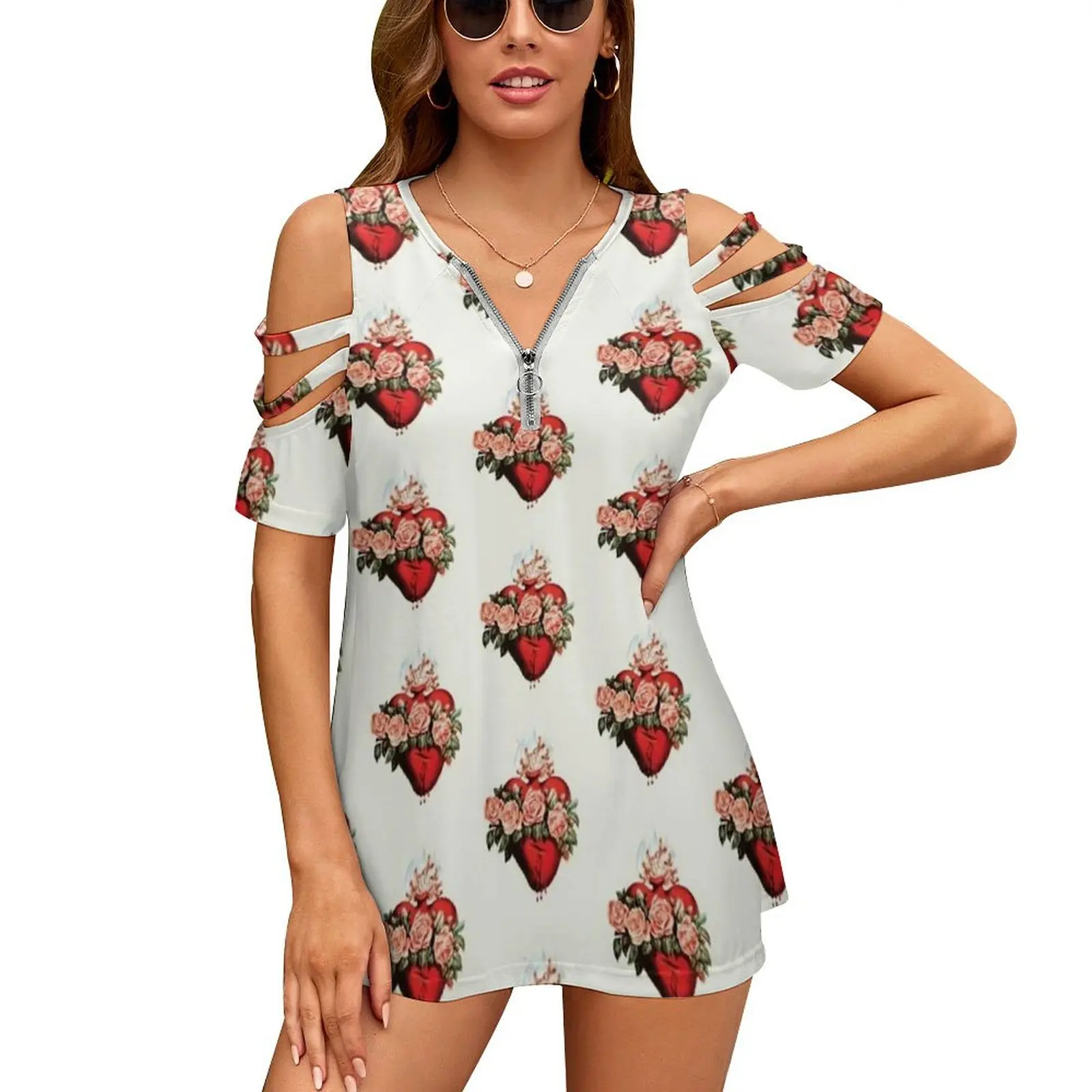 Immaculate Heart Of Mary Vintage Women Zipper Various styles Printed T Shirts Tops Full Print T-Shirt Mary Catholic Heart Jesus