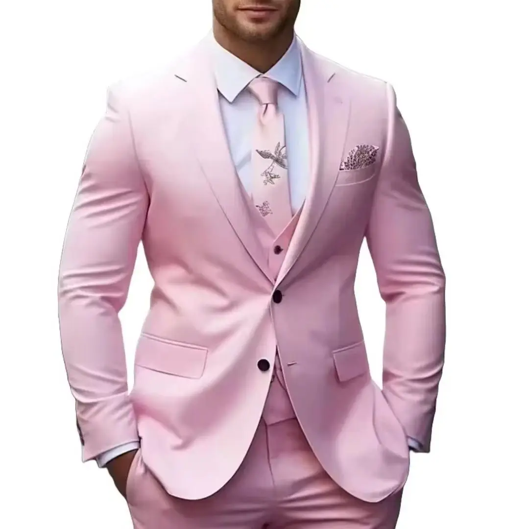 Elegant Three Piece Pink Men's Suit Formal Wedding Groom's Outfit with Split Collar Slim Fit Jacket Pants And Vest