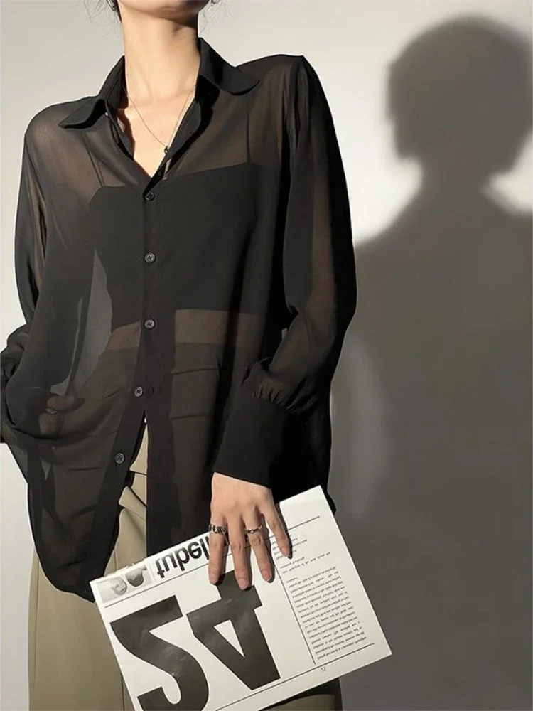 ADAgirl Sun-proof Transparent Shirt Female Mesh Long Sleeve Y2k Top Solid Loose Chiffon Blouse Korean Fashion Cardigan for Women