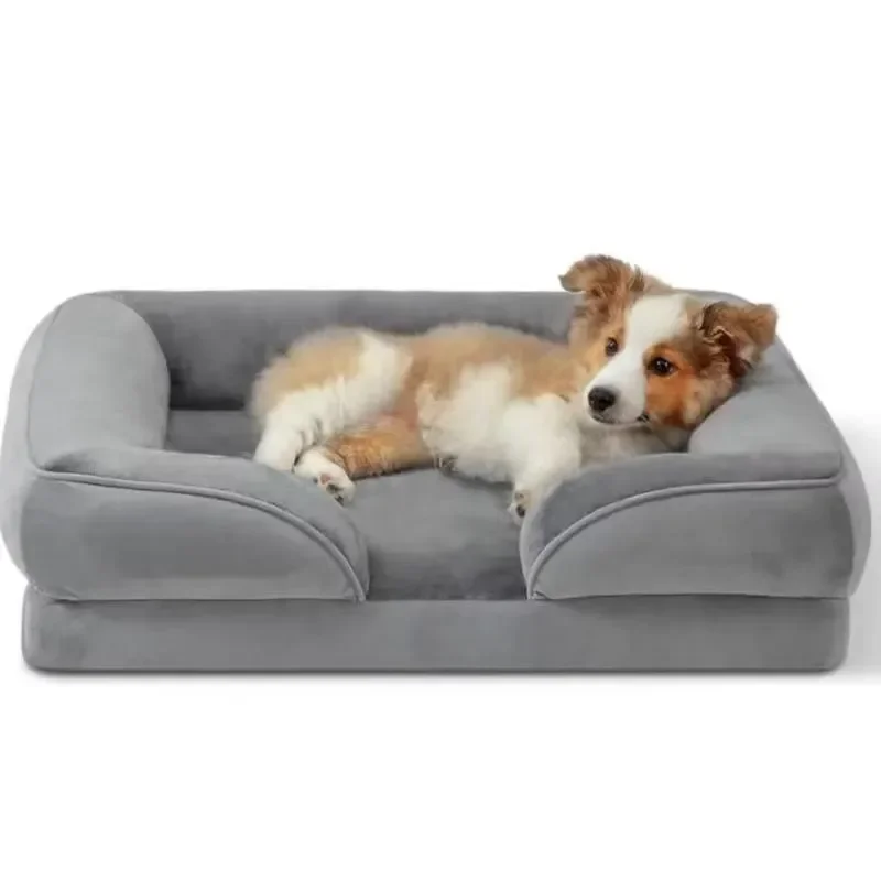 Wholesale Custom Gray Rectangular Winter Solid Color Orthopedic Memory Foam Elevated Anti Bite Large Dog Bed With Removable