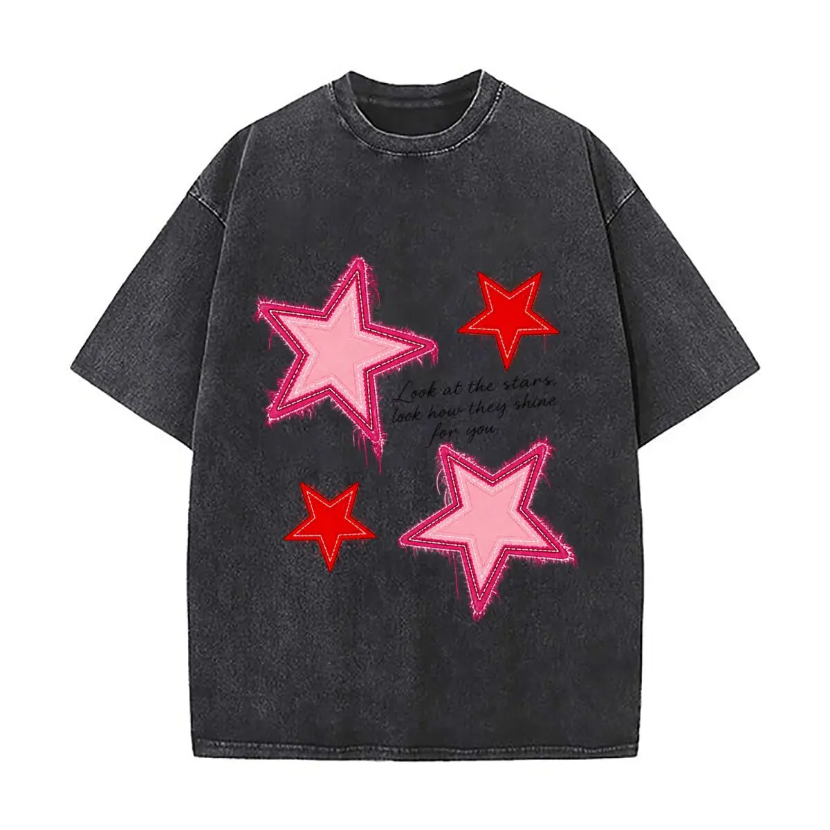 Pink Red Star Look At The Stars Look How They Shine For You Quote Graphic Design Vintage Distressed Loose Streetwear Tops