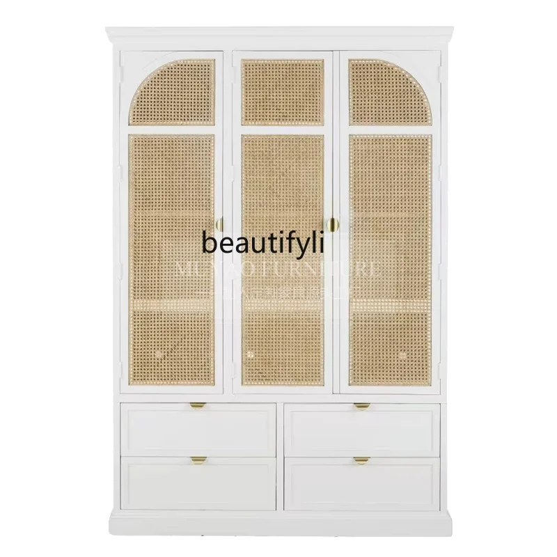 

American retro rattan wardrobe French bedroom two doors three doors storage locker small apartment