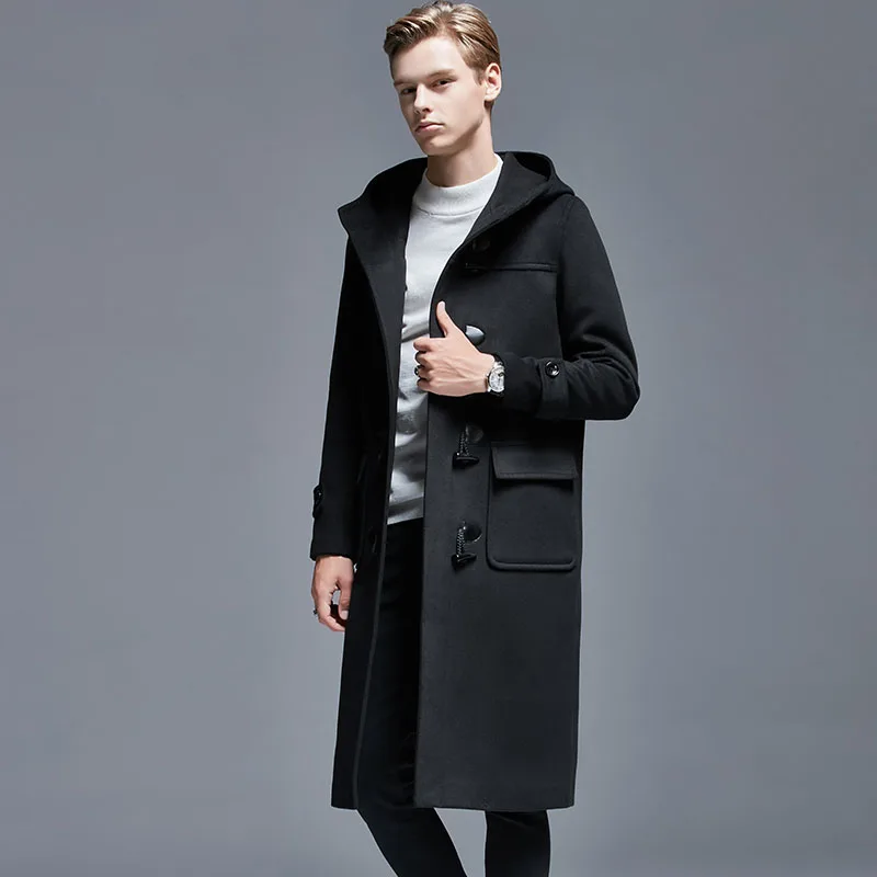 

Winter Men Horn Button Woolen Coat Long Over-the-Knee Loose-Woolen Jacket Hooded Trench Thick Mens Coats and Jackets 5XL 6XL