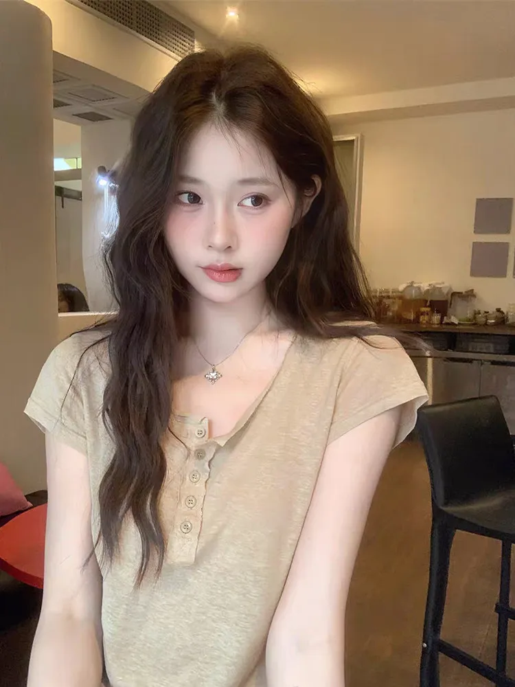 Button Short Sleeve T-Shirt Basic Summer Casual Micro Transparent Top Women Pullover Tshirt Outerwears Clothing Vintage Tees