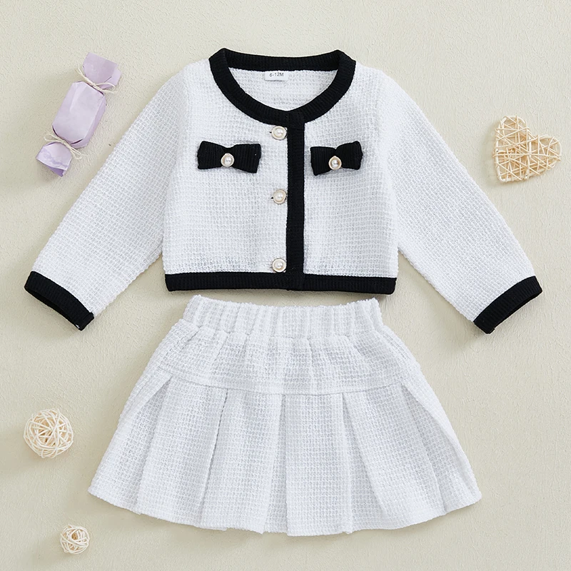 

1-4Years Kids Baby Girl Elegant Party Outfits Pearl Bow Long Sleeve Button Down Jacket Elastic Waist Pleated Skirt 2 Piece Sets