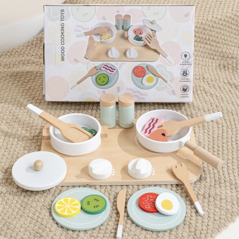 Juguetes de cocina para niños, ollas y utensilios de madera, utensilios de cocina para bebés pequeños y botellas de condimentos para cumpleaños