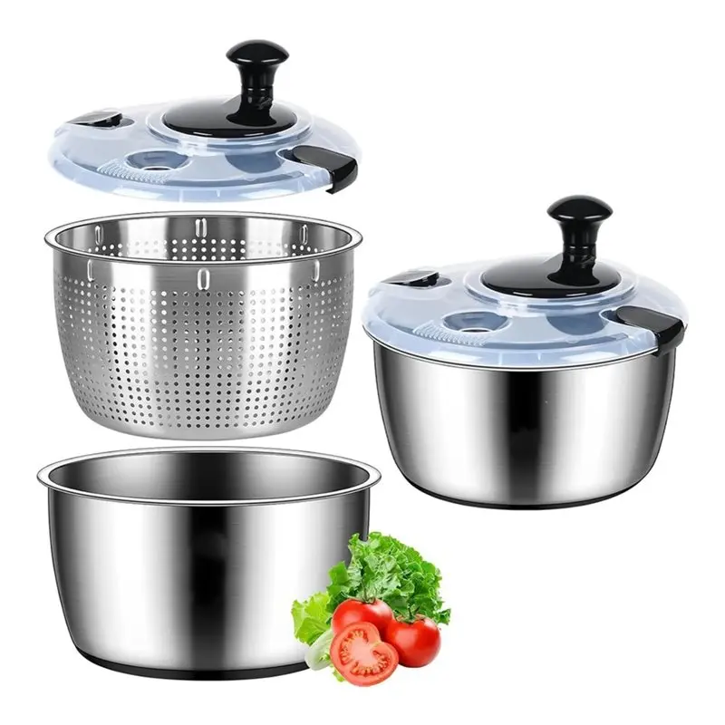 EYFL-Non-Slip Base Stainless Steel Salad Spinner, 5.3Qt Large Lettuce Dryer, Vegetable& Fruit Washer With Drain, Easy To Clean